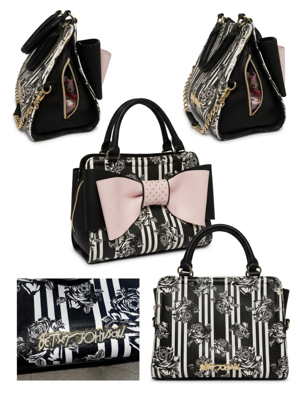 Betsey Johnson Black & Light Pink Floral Bow Shoulder Bag - Picture 5 of 6